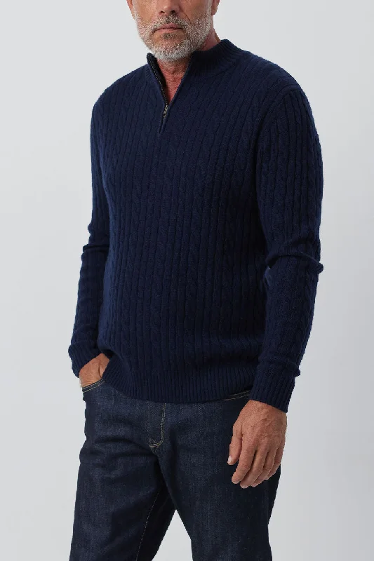 Mens Cashmere Cable 1/4 Zip Sweater - Dark Navy/Dark Navy Donegal