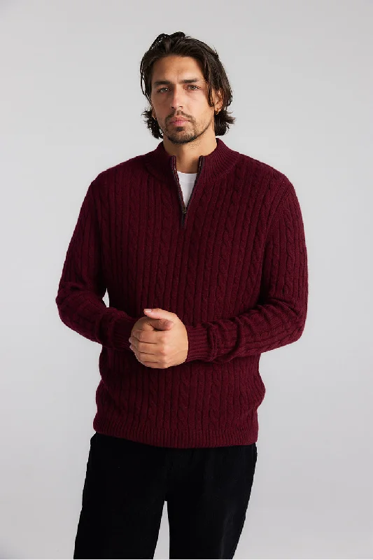 Mens Cashmere Cable 1/4 Zip Sweater - Shiraz/Charcoal