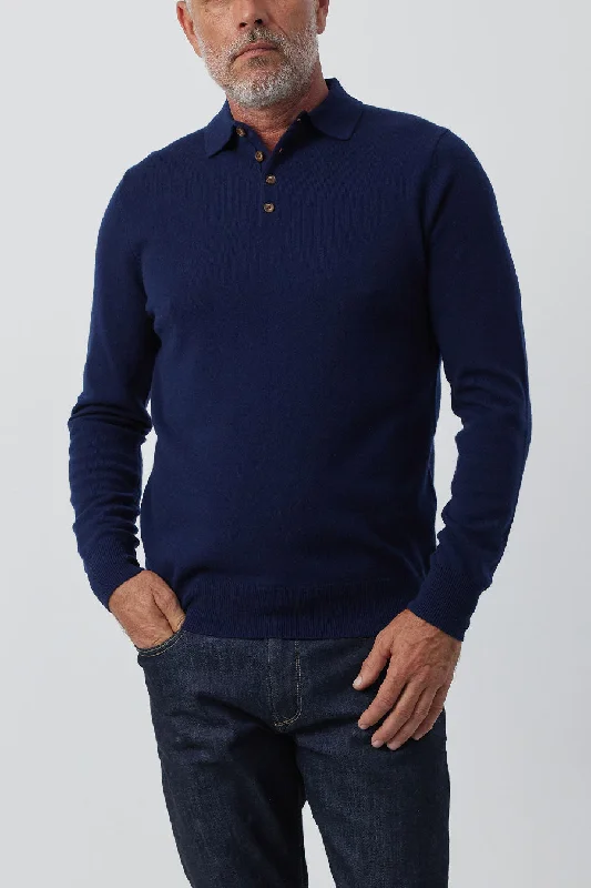 Mens Cashmere Long Sleeve Polo - Navy