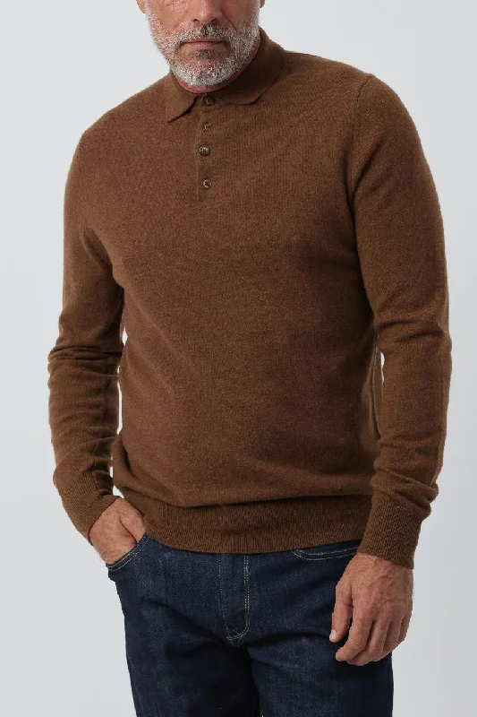 Mens Cashmere Long Sleeve Polo - Tan