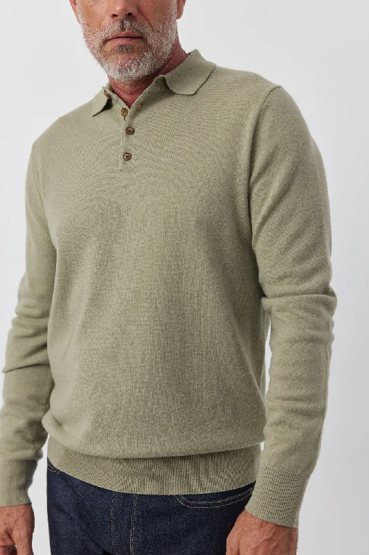 Mens Cashmere Long Sleeve Polo - Sage