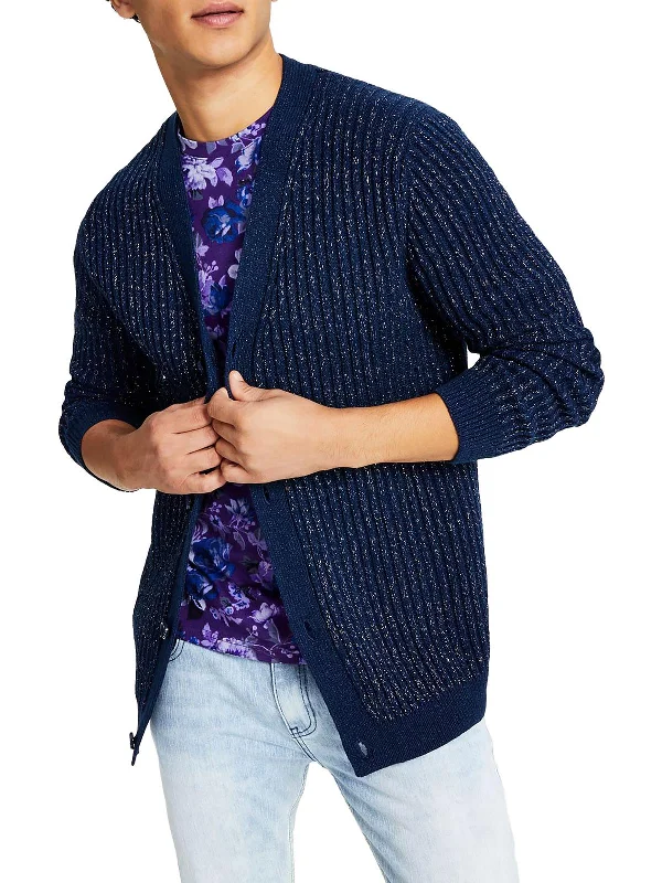 Mens Metallic V-Neck Cardigan Sweater