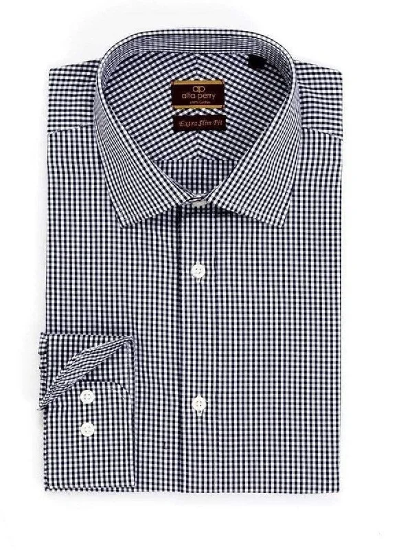 Alfa Perry Extra Slim Fit Black Gingham Check Spread Collar Cotton Dress Shirt