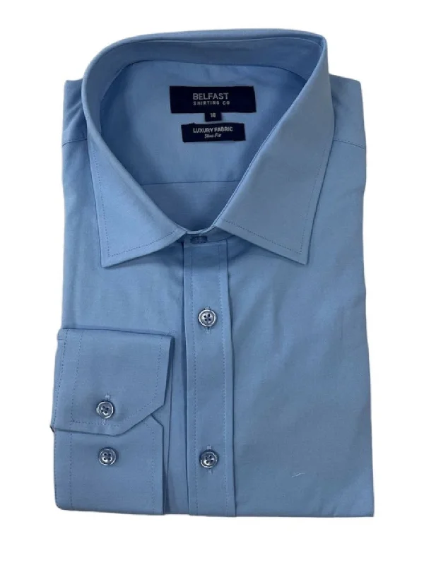 Belfast Mens Classic Fit Solid Blue Cotton Blend Spread Collar Dress Shirt