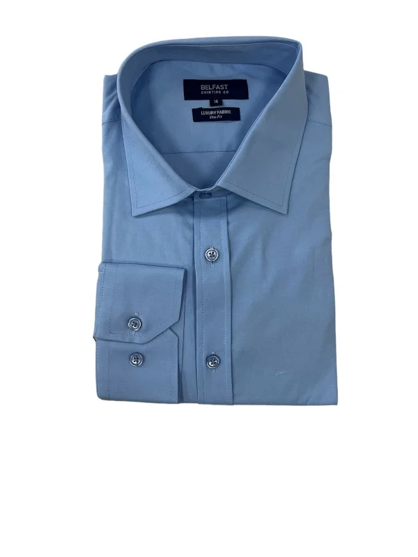 Belfast Mens Classic Fit Solid Blue Cotton Blend Spread Collar Dress Shirt