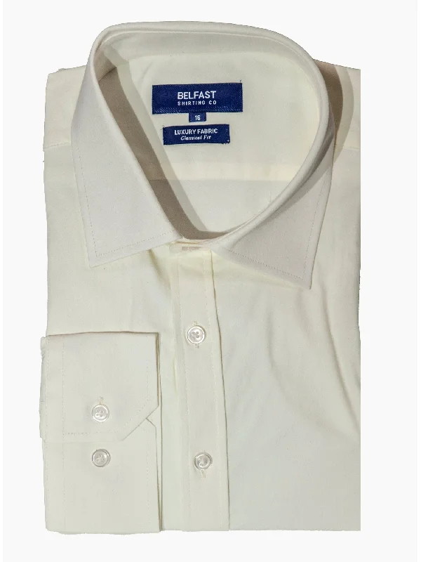 Belfast Mens Classic Fit Solid Cream Cotton Blend Spread Collar Dress Shirt