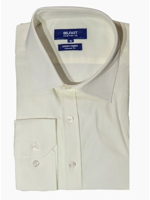 Belfast Mens Classic Fit Solid Cream Cotton Blend Spread Collar Dress Shirt