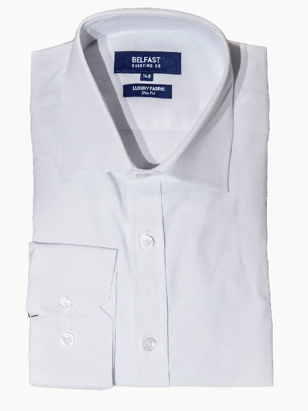 Belfast Mens Classic Fit Solid White Cotton Stretch Spread Collar Dress Shirt