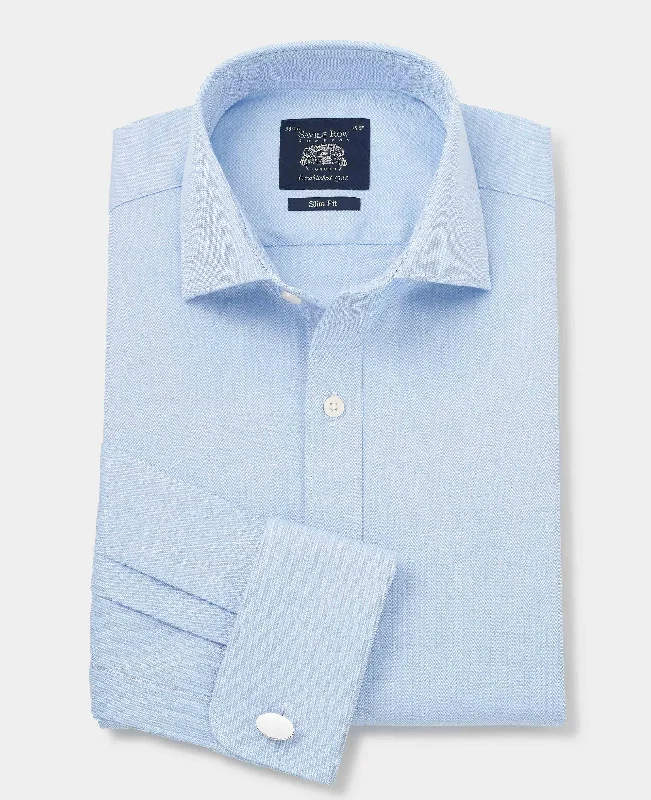 Blue Cotton Herringbone Slim Fit Formal Shirt - Double Cuff