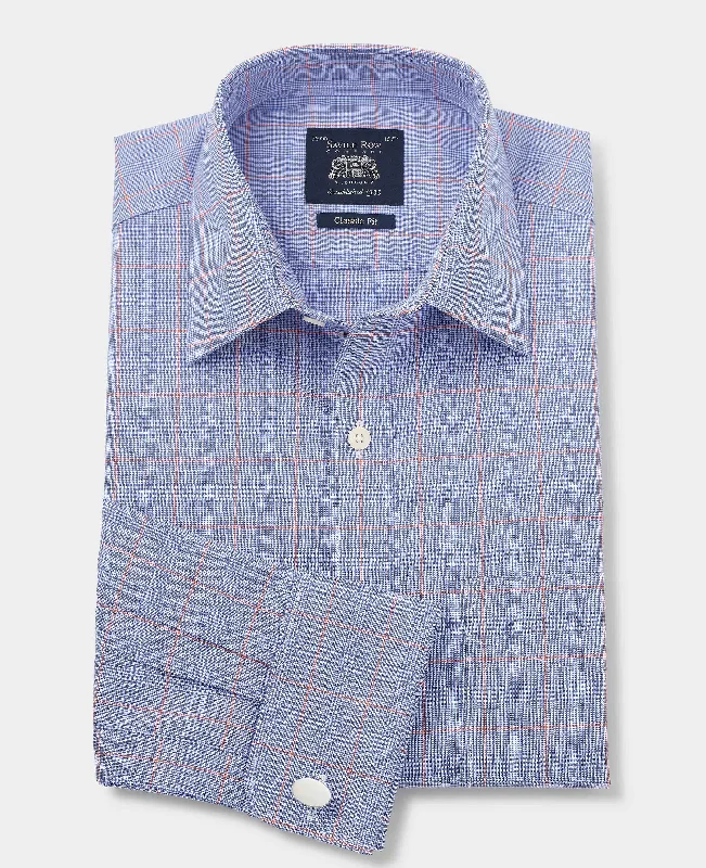 Blue Cotton Prince of Wales Check Classic Fit Formal Shirt - Double Cuff