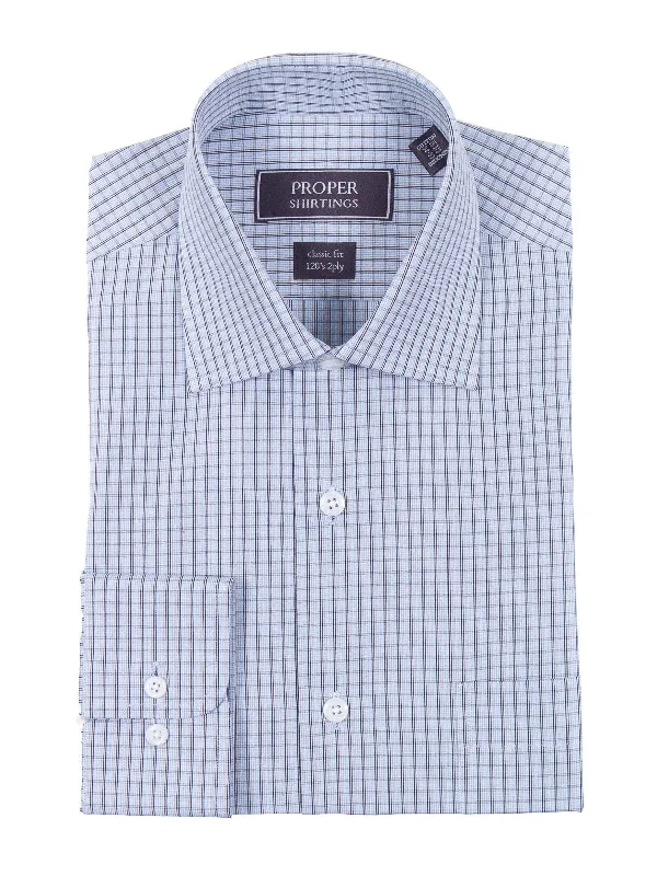 Classic Fit Black Blue Tan Plaid Spread Collar 2 Ply Cotton Dress Shirt