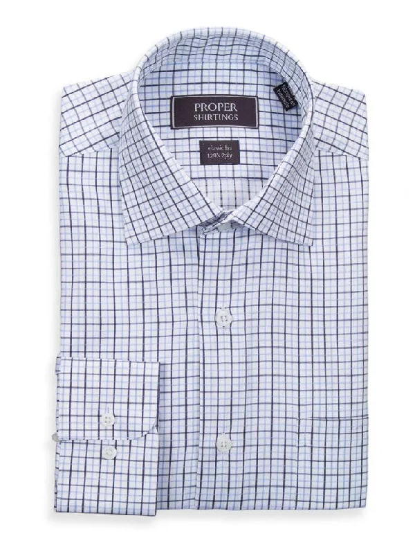 Classic Fit Blue Plaid Spread Collar 2 Ply Cotton Dress Shirt