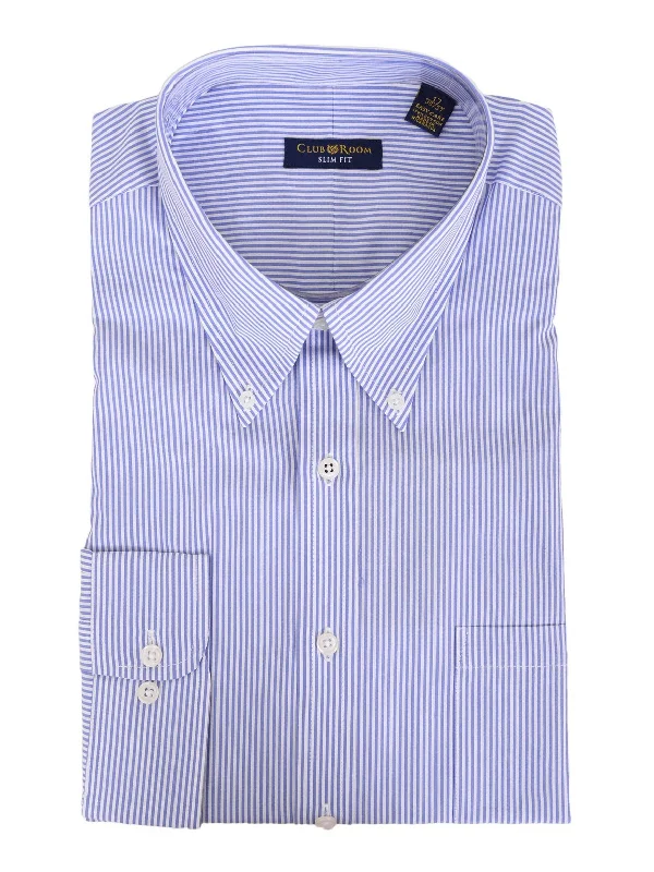 Club Room Slim Fit Blue Striped Button Down Collar Easy Care Cotton Dress Shirt