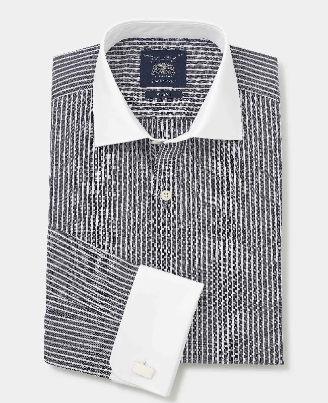 Dark Navy Reverse Stripe Slim Fit Formal Shirt - White Double cuffs & Collar