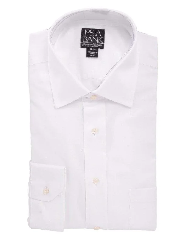 Jos A Bank Mens 100% Cotton Solid White Regular Fit Barrel Cuff Dress Shirt