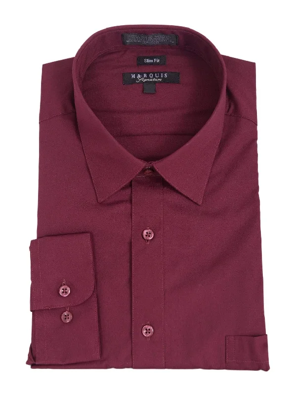 Marquis Mens Slim Fit Solid Burgundy Wrinkle Resistant Cotton Blend Dress Shirt