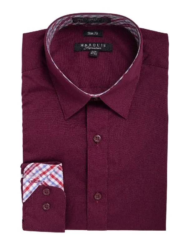 Marquis Slim Fit Solid Burgundy Red Spread Collar Cotton Blend Dress Shirt