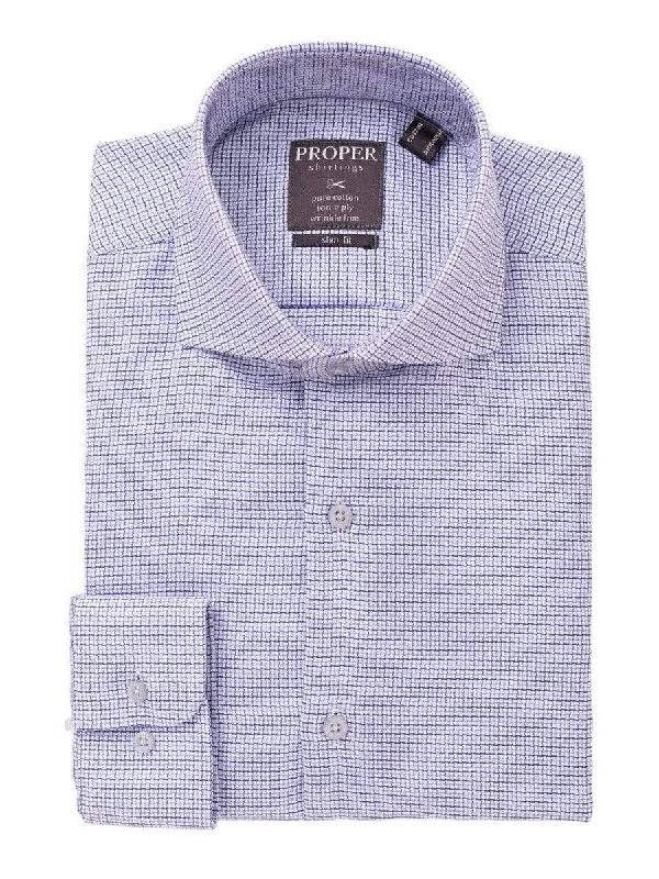 Mens 100% Cotton Blue Check Spread Collar Slim Fit Dress Shirt