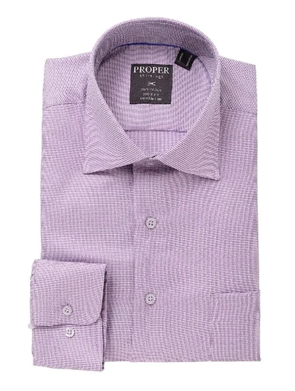 Mens 100% Cotton Purple Houndstooth Spread Collar Wrinkle Free Dress Shirt