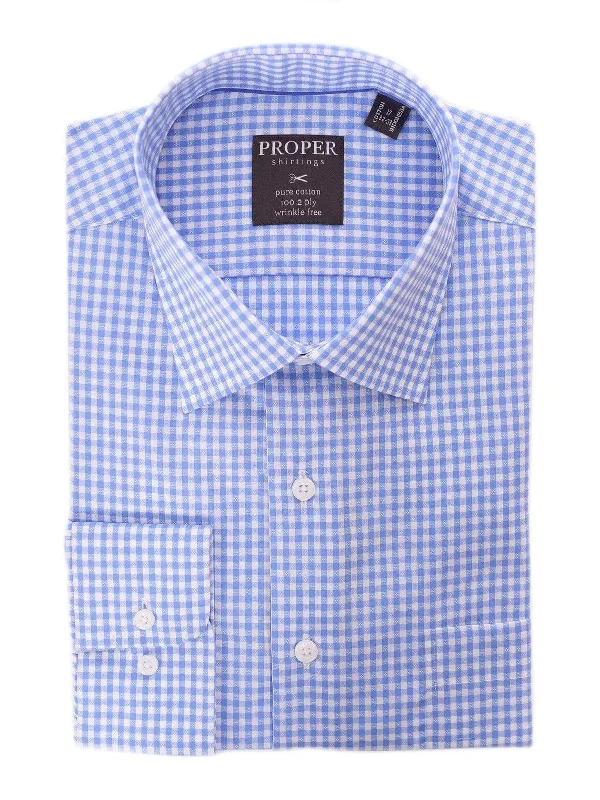 Mens Blue & White Check Spread Collar Wrinkle Free 100 2 Ply Cotton Dress Shirt