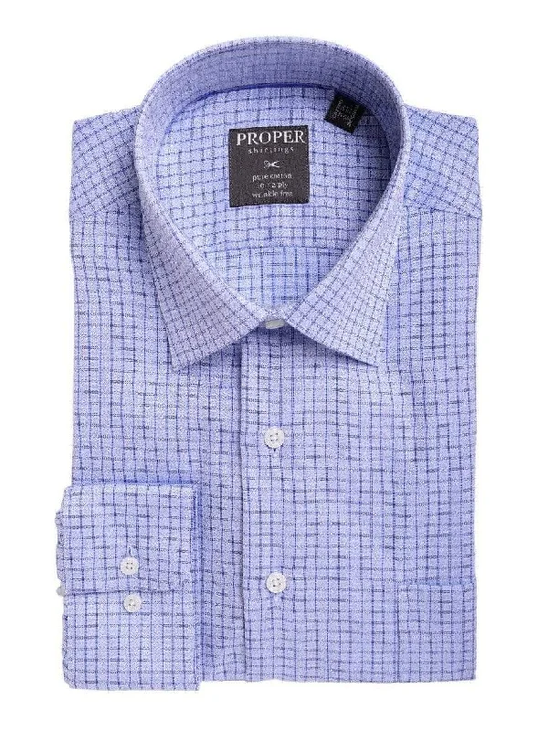 Mens Classic Fit Blue Check With Mini Diamonds Spread Collar Cotton Dress Shirt