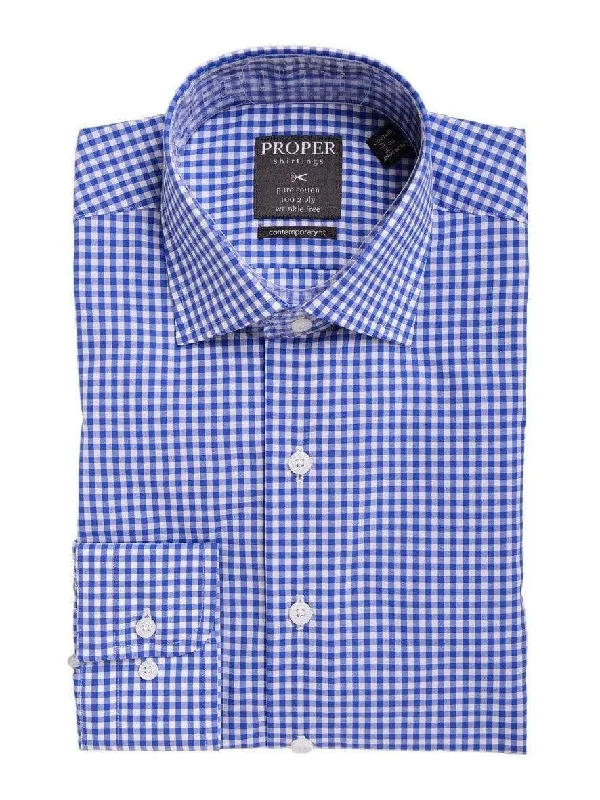 Mens Classic Fit Blue Gingham Check Spread Collar Cotton Dress Shirt