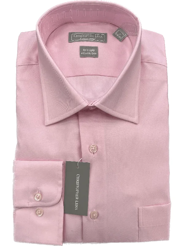 Mens Classic Fit Pink 2 Ply Cotton Wrinkle Free Barrel Cuff Dress Shirt