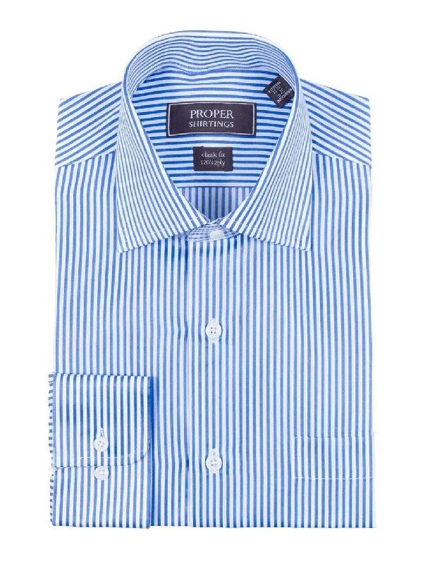 Mens Classic Fit White And Blue Striped 120's 2PLY Cotton Dress Shirt