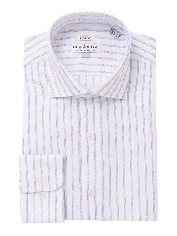 Mens Cotton Blend Blue Striped Slim Fit Spread Collar Dress Shirt