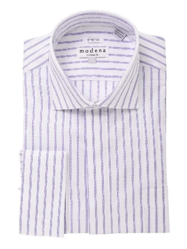 Mens Cotton Blend Purple Striped French Cuff Classic Fit Dress Shirt