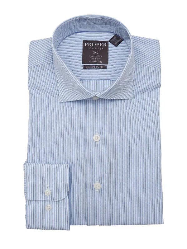 Mens Cotton Blue Striped Slim Fit Spread Collar Wrinkle Free Dress Shirt