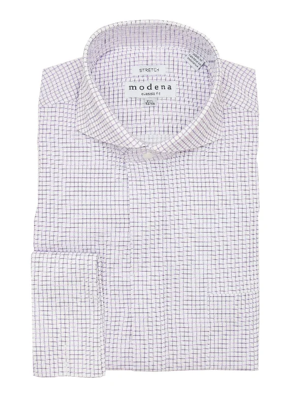 Mens Cotton Purple Check Classic Fit Cutaway Collar Stretch Dress Shirt