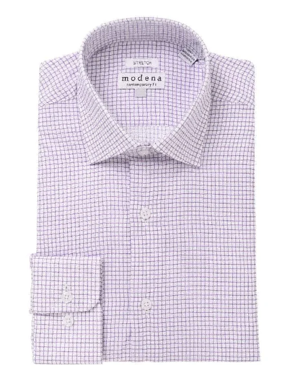 Mens Cotton Purple Check Slim Fit Spread Collar Stretch Dress Shirt