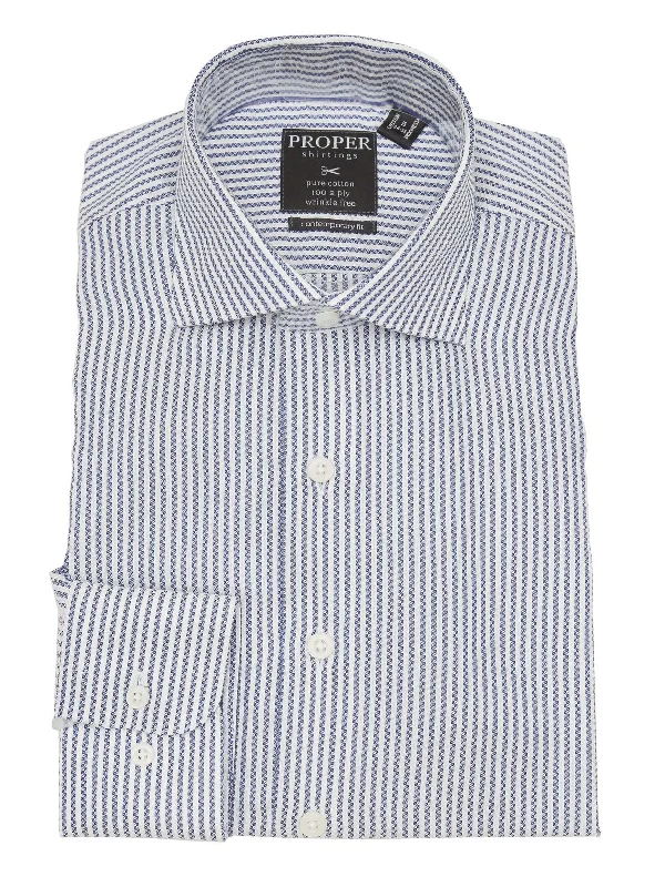 Mens Cotton White & Blue Striped Slim Fit Spread Collar Dress Shirt