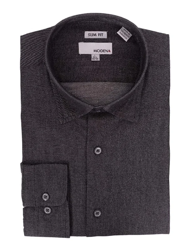 Mens Slim Fit Black Textured Spread Collar Cotton Blend Dress Shirt