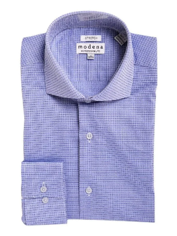 Mens Slim Fit Blue Check Cutaway Collar Cotton Blend Stretch Dress Shirt