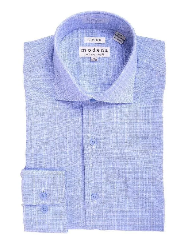 Mens Slim Fit Blue & White Plaid Spread Collar Cotton Blend Dress Shirt