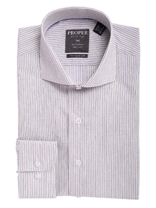 Mens Slim Fit Gray & White Striped Spread Collar Cotton Dress Shirt