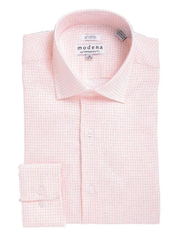 Mens Slim Fit Melon Orange Check Spread Collar Stretch Cotton Blend Dress Shirt