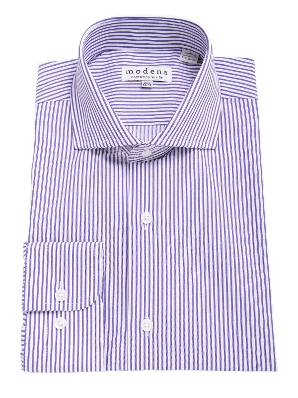 Mens Slim Fit Purple Striped Spread Collar Cotton Blend Dress Shirt