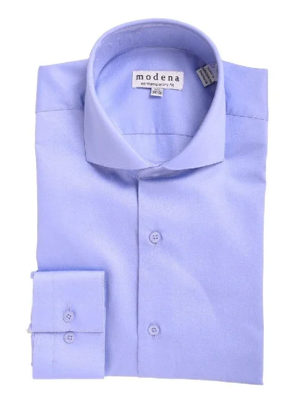 Mens Slim Fit Solid Blue Spread Collar Cotton Blend Dress Shirt