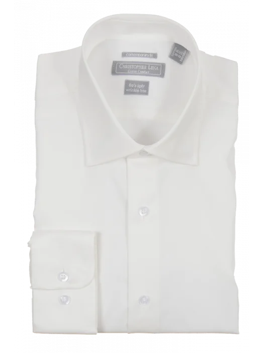 Men's Contemporary Fit Solid Off White Spread Collar Cotton Wrinkle Free Dress Shirt