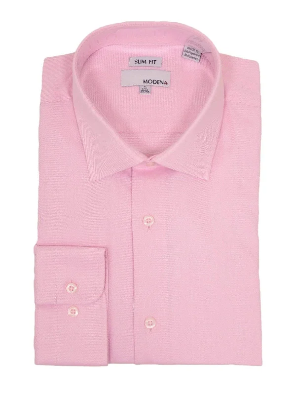 Mens Slim Fit Solid Pink Twill Spread Collar Cotton Blend Dress Shirt