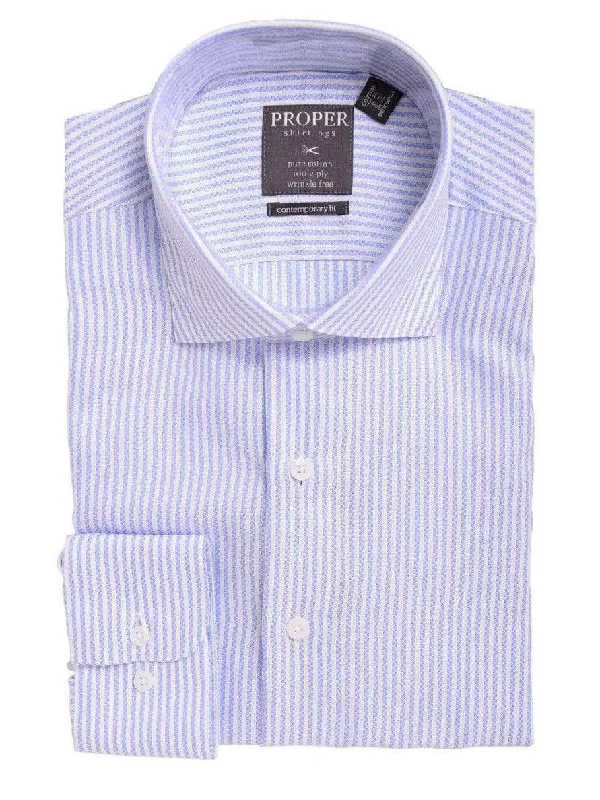 Mens Slim Fit White & Blue Textured Stripe Spread Collar Cotton Dress Shirt