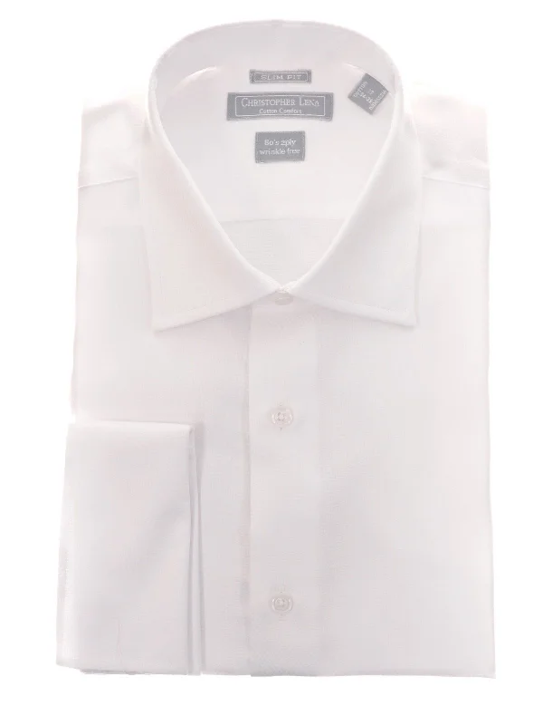 Men's Slim Fit White Textured Spread Collar French Cuff Cotton Dress Shirt