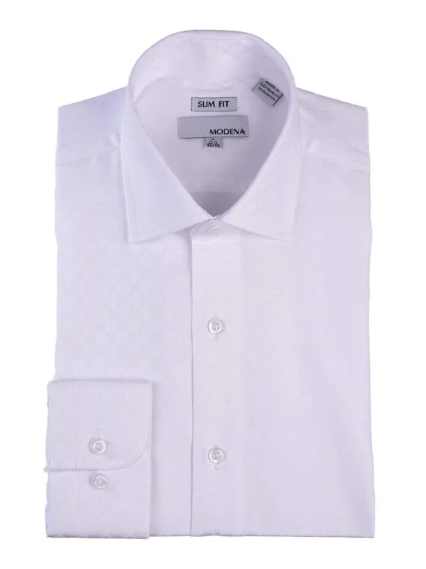 Mens Slim Fit White Tonal Diamond Pattern Spread Collar Cotton Blend Dress Shirt