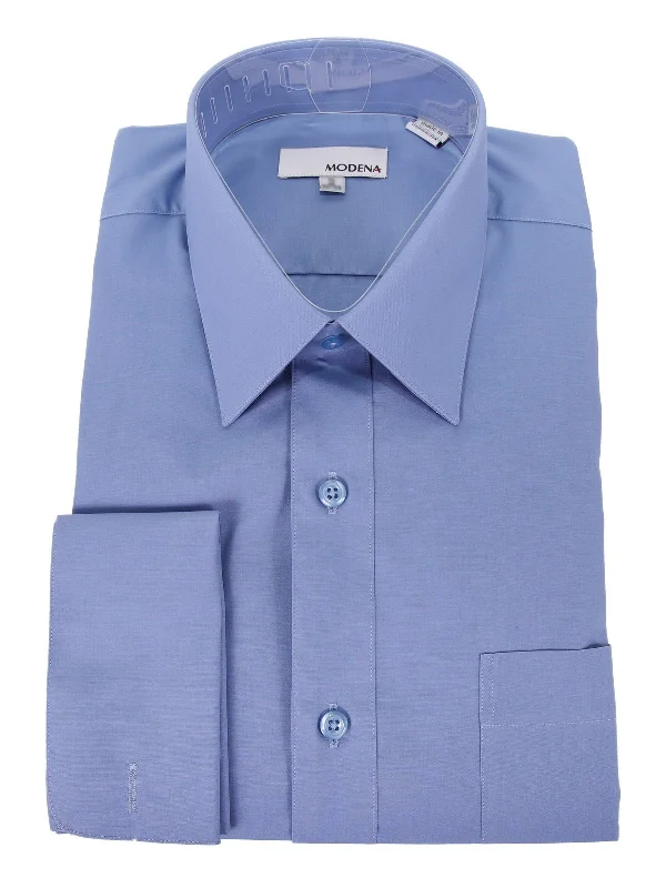 Mens Solid Blue Regular Fit Spread Collar French Cuff Dress Shirt