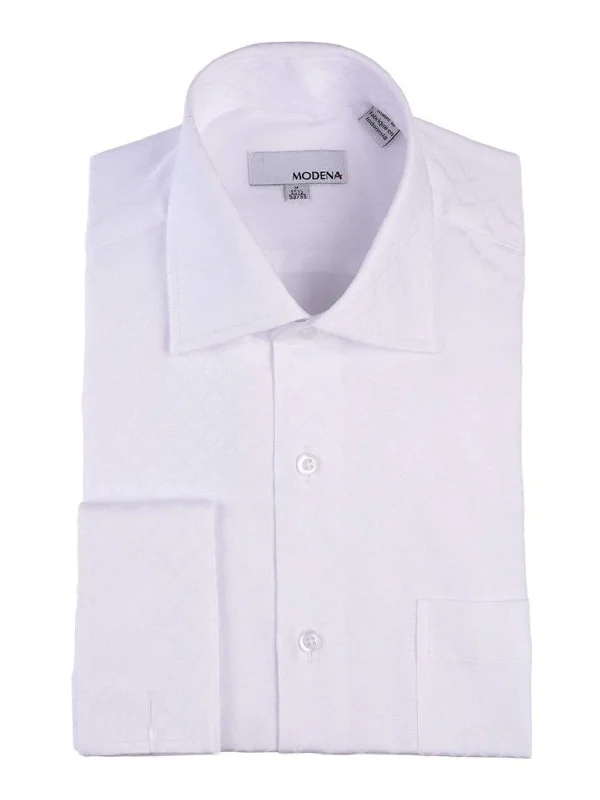 Mens White Tonal Diamond Spread Collar French Cuff Cotton Blend Dress Shirt