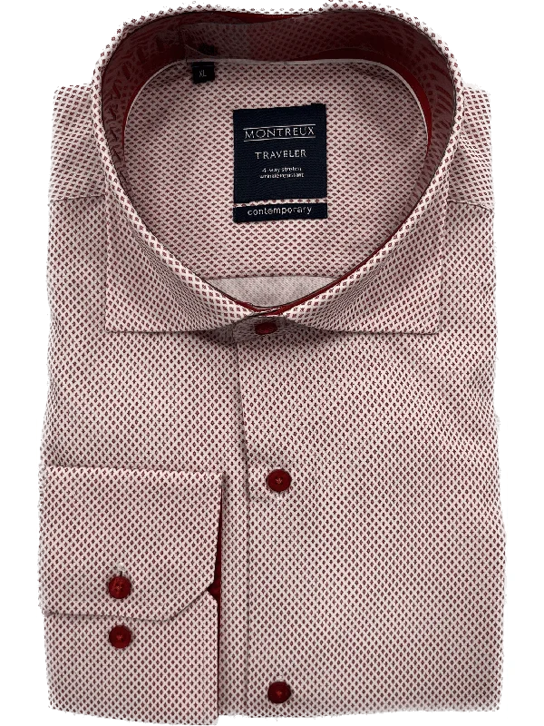 Montreux Mens Contemporary Fit Red Spread Collar 4-way Stretch Dress Shirt