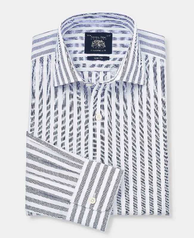 Navy White Slim Fit Striped Formal Shirt - Single Cuff